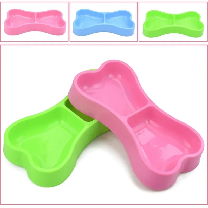 Bone Shape Candy Plastic Double Dog Bowl Dog Cat Pet Bowl Food Bowl Water Dish Travel Feeding Feeder Water Bowl