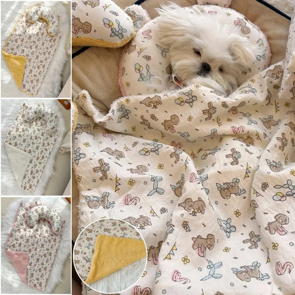 Dog Bed Blanket Soft Cozy Pet Cushion Printed Pet Small Pillows Dog and Cat Teddy Small and Medium-sized Dog Mattress 강아지 이불과 베개