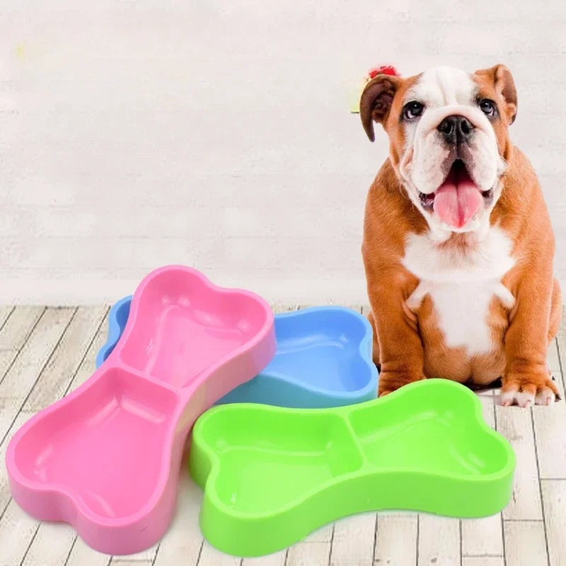 Bone Shape Candy Plastic Double Dog Bowl Dog Cat Pet Bowl Food Bowl Water Dish Travel Feeding Feeder Water Bowl